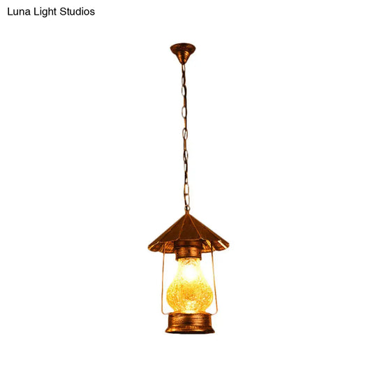 Crackle Glass Single-Bulb Pendant Lantern For Coffee Shops - Yellow/White Farmhouse Hanging Light