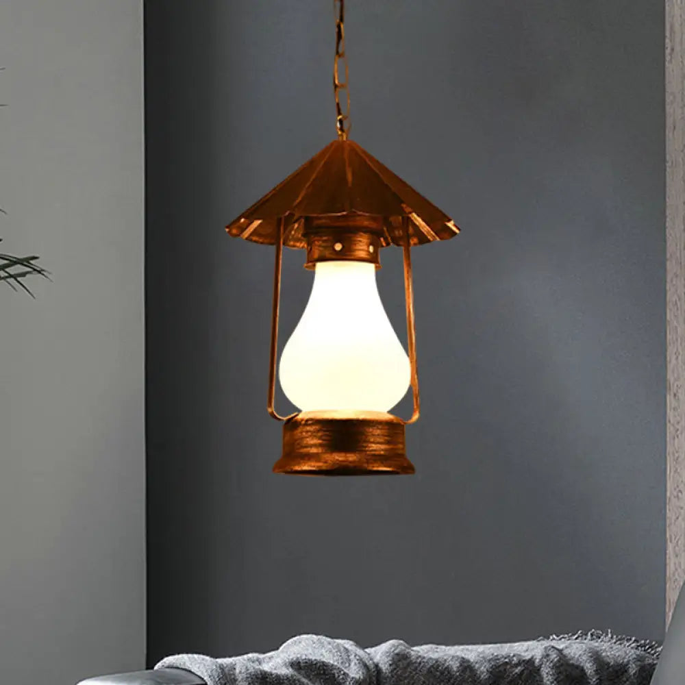 Farmhouse Lantern Pendant Lamp - Single-Bulb Crackle Glass Hanging Light Yellow/White For Coffee