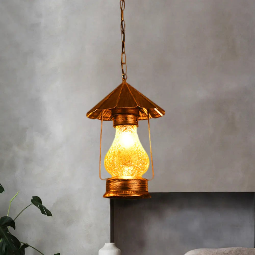Farmhouse Lantern Pendant Lamp - Single-Bulb Crackle Glass Hanging Light Yellow/White For Coffee