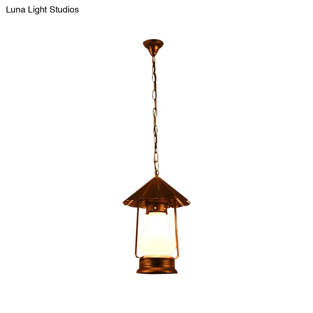 Farmhouse Lantern Pendant Lamp - Single-Bulb Crackle Glass Hanging Light Yellow/White For Coffee