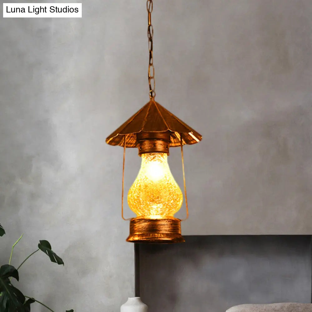 Crackle Glass Single-Bulb Pendant Lantern For Coffee Shops - Yellow/White Farmhouse Hanging Light