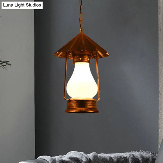 Crackle Glass Single-Bulb Pendant Lantern For Coffee Shops - Yellow/White Farmhouse Hanging Light