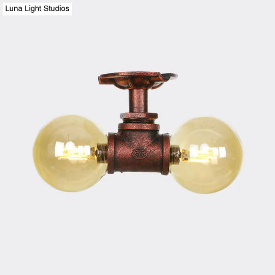 Farmhouse Led Amber Glass Copper Flushmount Light With 2 Heads - Semi Flush Ceiling Fixture