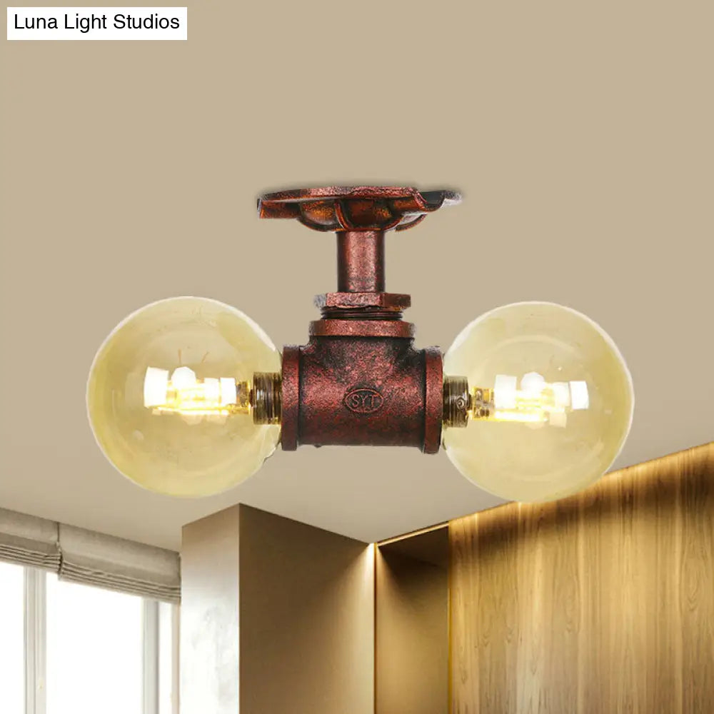 Farmhouse Led Amber Glass Copper Flushmount Light With 2 Heads - Semi Flush Ceiling Fixture / C