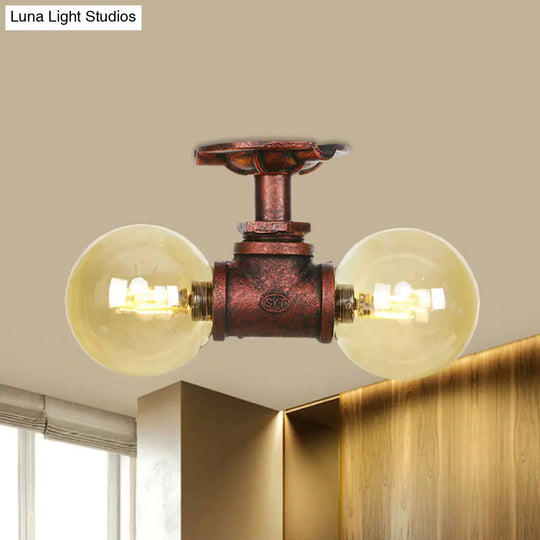Farmhouse Led Amber Glass Copper Flushmount Light With 2 Heads - Semi Flush Ceiling Fixture / C