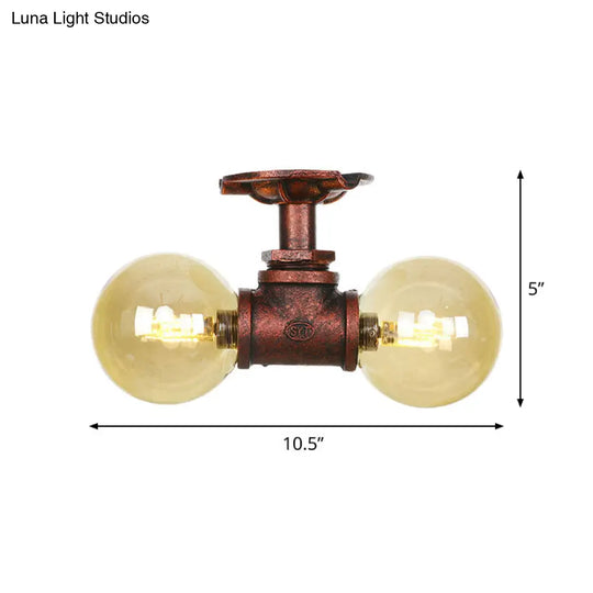 Farmhouse Led Amber Glass Copper Flushmount Light With 2 Heads - Semi Flush Ceiling Fixture