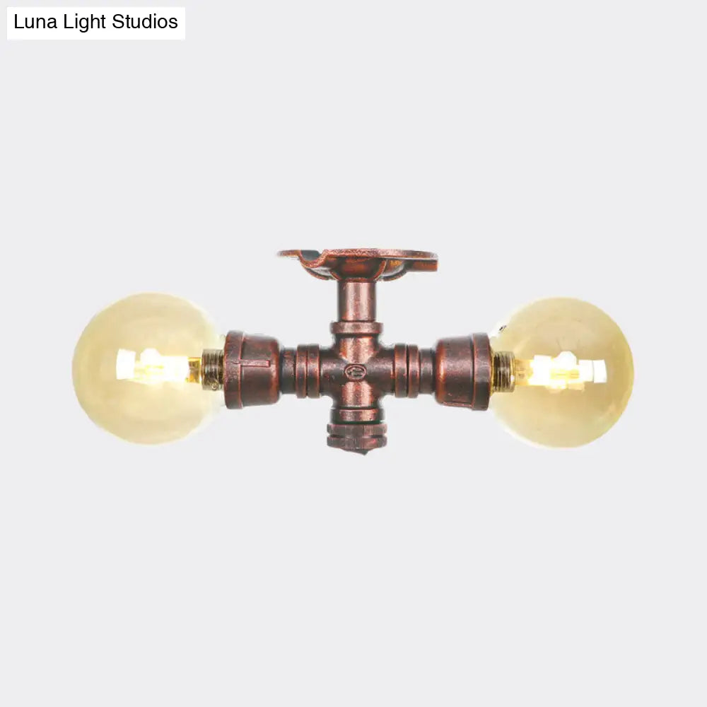 Farmhouse Led Amber Glass Copper Flushmount Light With 2 Heads - Semi Flush Ceiling Fixture