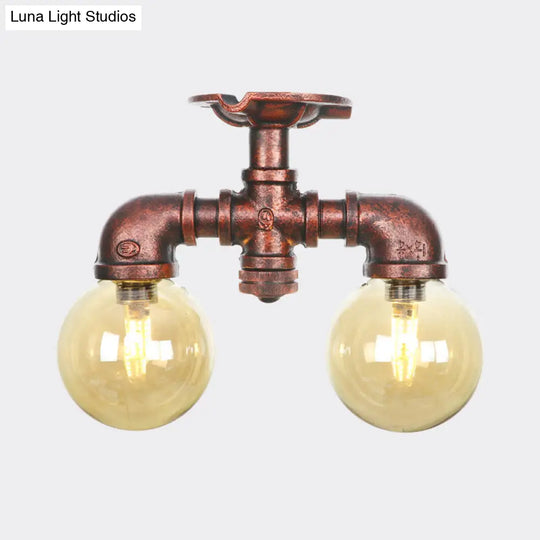 Farmhouse Led Amber Glass Copper Flushmount Light With 2 Heads - Semi Flush Ceiling Fixture