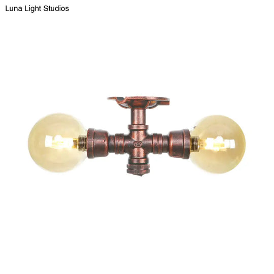 Farmhouse Led Amber Glass Copper Flushmount Light With 2 Heads - Semi Flush Ceiling Fixture