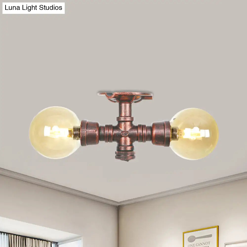 Farmhouse Led Amber Glass Copper Flushmount Light With 2 Heads - Semi Flush Ceiling Fixture / A