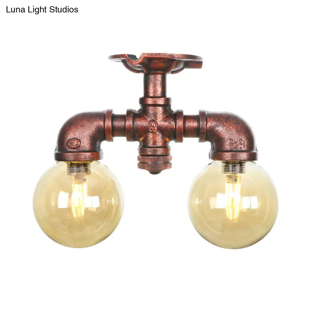 Farmhouse Led Amber Glass Copper Flushmount Light With 2 Heads - Semi Flush Ceiling Fixture