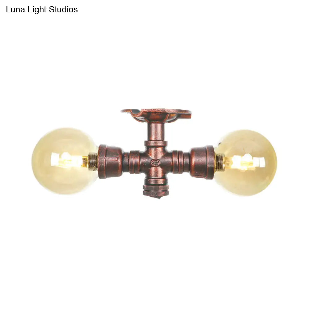 Farmhouse Led Amber Glass Copper Flushmount Light With 2 Heads - Semi Flush Ceiling Fixture