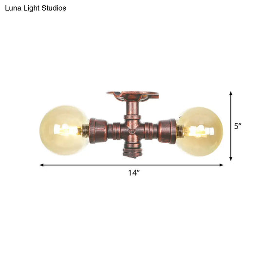 Farmhouse Led Amber Glass Copper Flushmount Light With 2 Heads - Semi Flush Ceiling Fixture