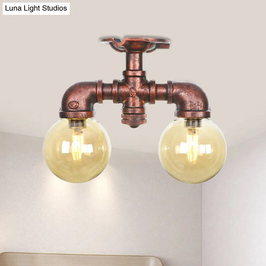 Farmhouse Led Amber Glass Copper Flushmount Light With 2 Heads - Semi Flush Ceiling Fixture