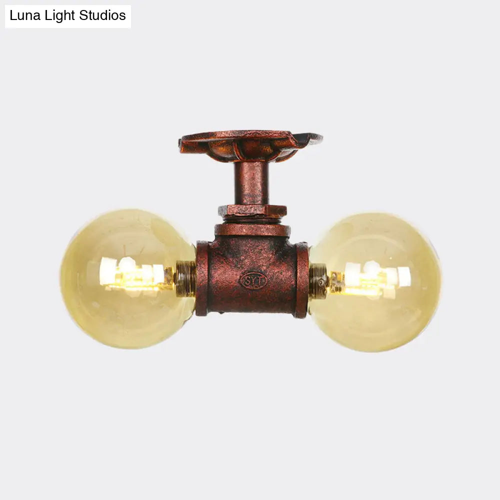 Farmhouse Led Amber Glass Copper Flushmount Light With 2 Heads - Semi Flush Ceiling Fixture