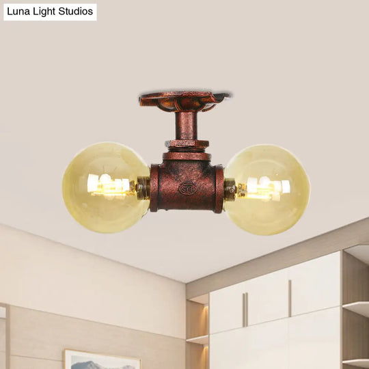 Farmhouse Led Amber Glass Copper Flushmount Light With 2 Heads - Semi Flush Ceiling Fixture