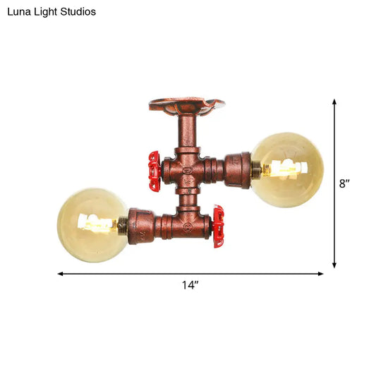 Farmhouse Led Amber Glass Copper Flushmount Light With 2 Heads - Semi Flush Ceiling Fixture