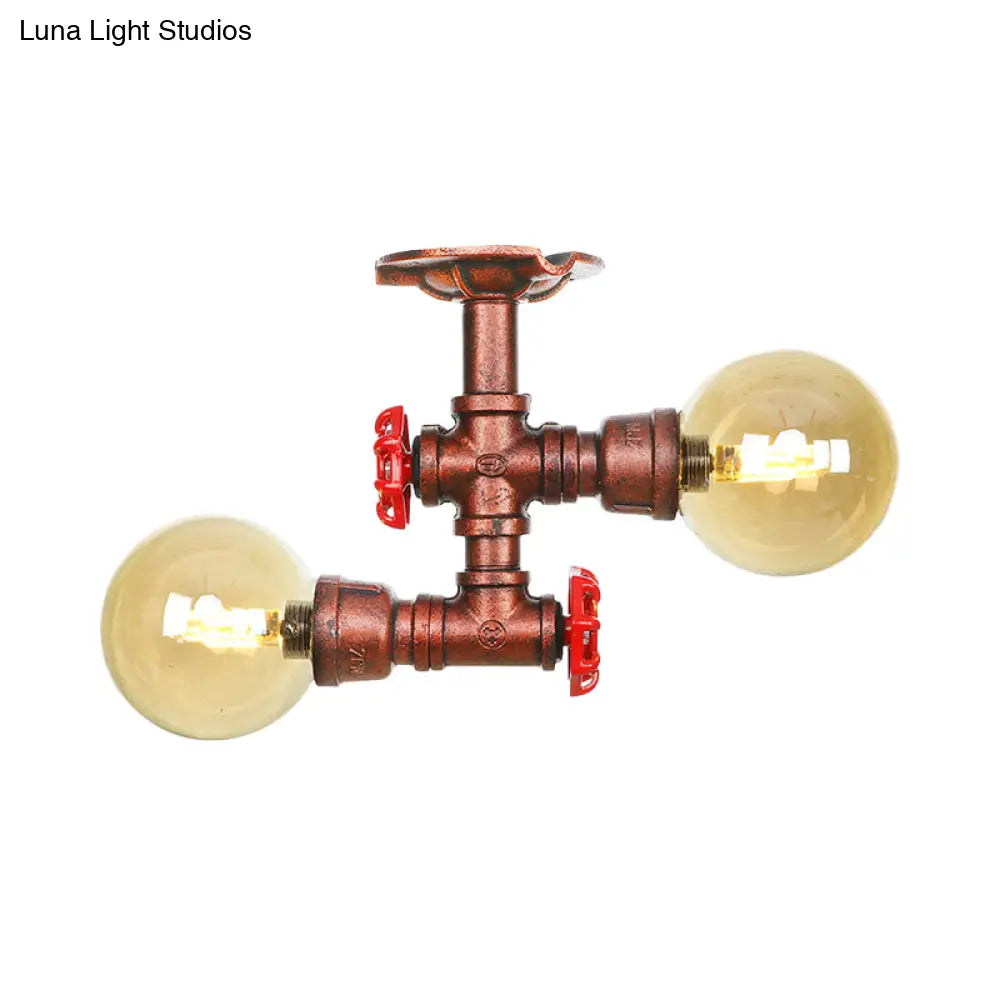 Farmhouse Led Amber Glass Copper Flushmount Light With 2 Heads - Semi Flush Ceiling Fixture