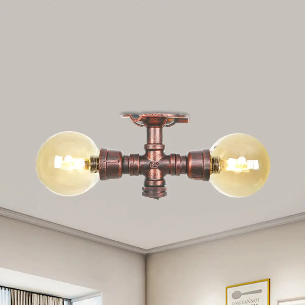 Farmhouse Led Amber Glass Copper Flushmount Light With 2 Heads - Semi Flush Ceiling Fixture / A