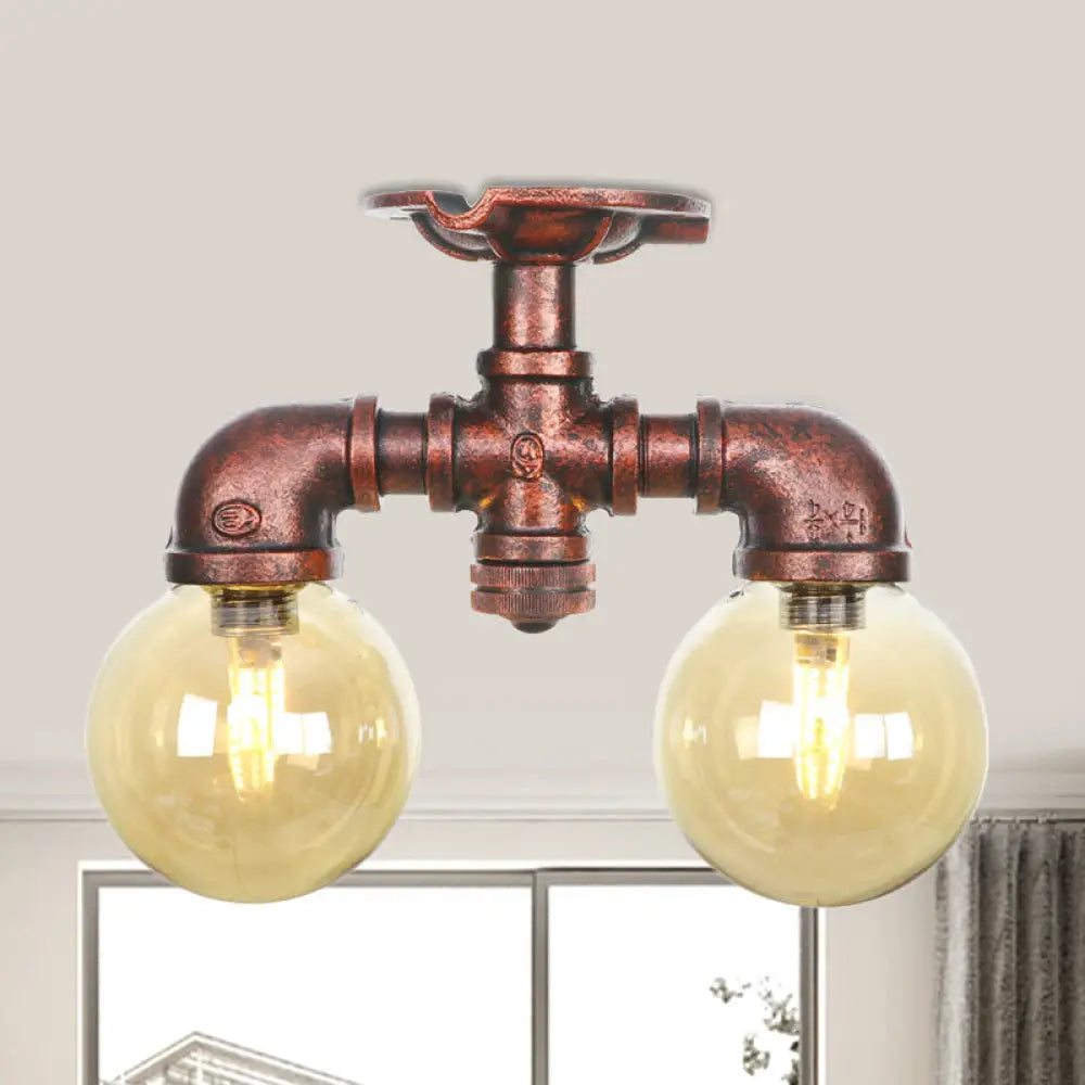 Farmhouse Led Amber Glass Copper Flushmount Light With 2 Heads - Semi Flush Ceiling Fixture / D