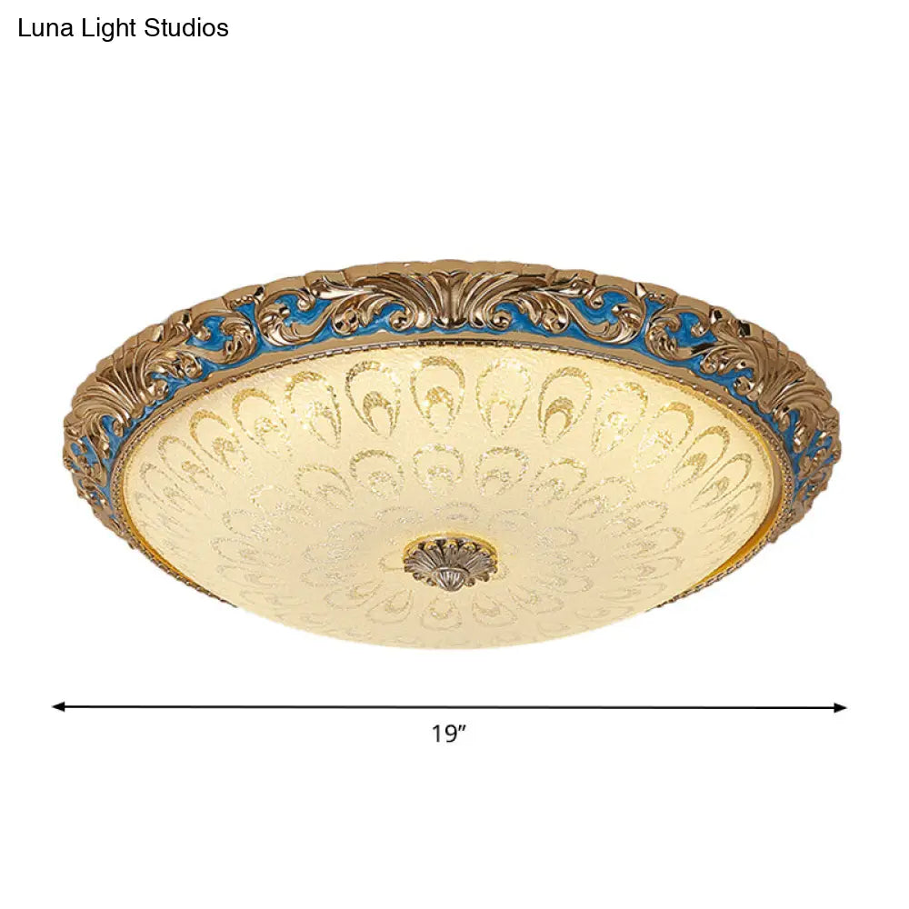 Farmhouse Led Flush Mount Ceiling Light In Textured Glass & Brass - Bowl Shape 12.5/15/19 Wide