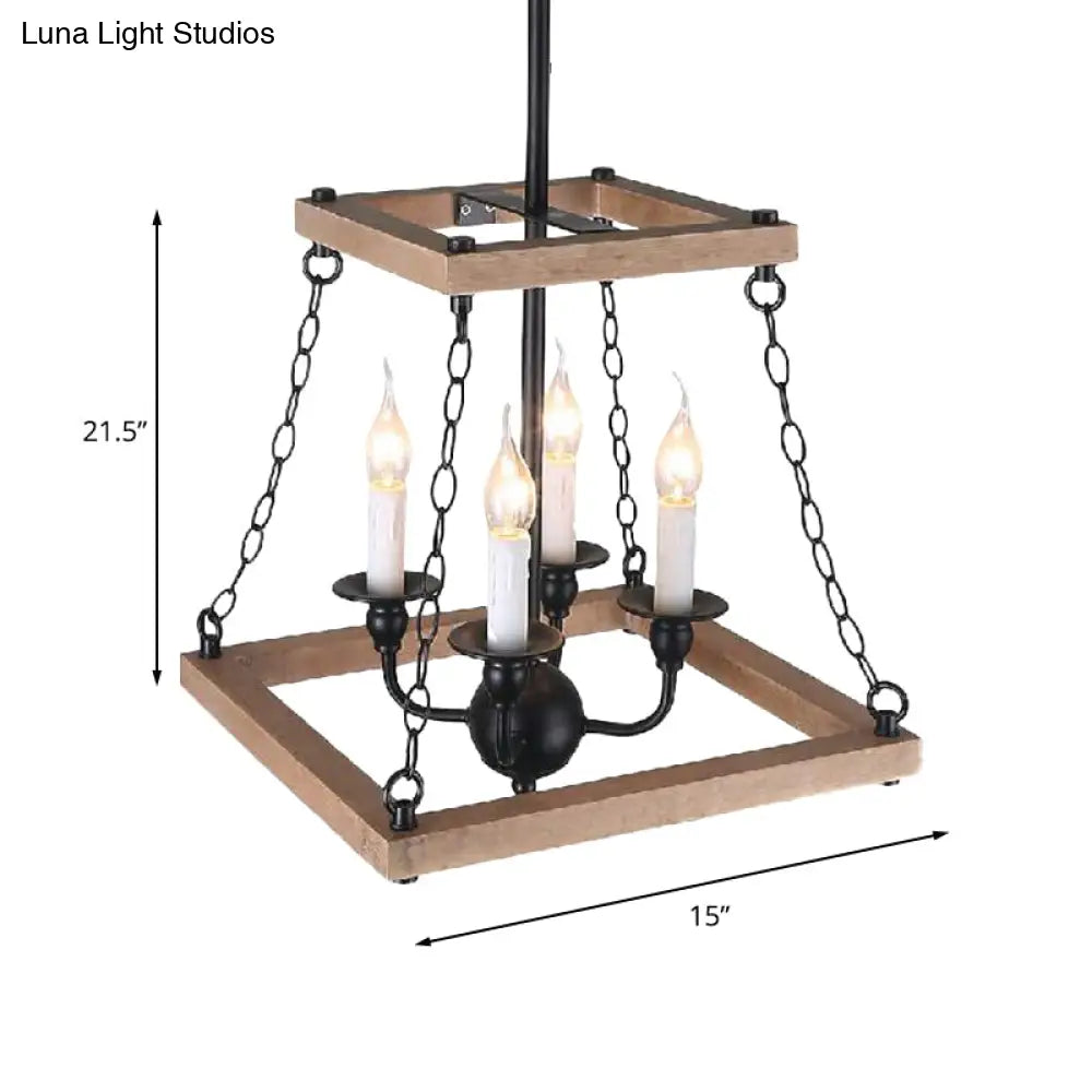 Farmhouse Metal And Wood Trapezoid Chandelier With Flameless Candle - 4-Light Hanging Lamp