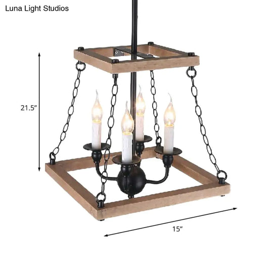 Farmhouse Metal And Wood Trapezoid Chandelier With Flameless Candle - 4-Light Hanging Lamp