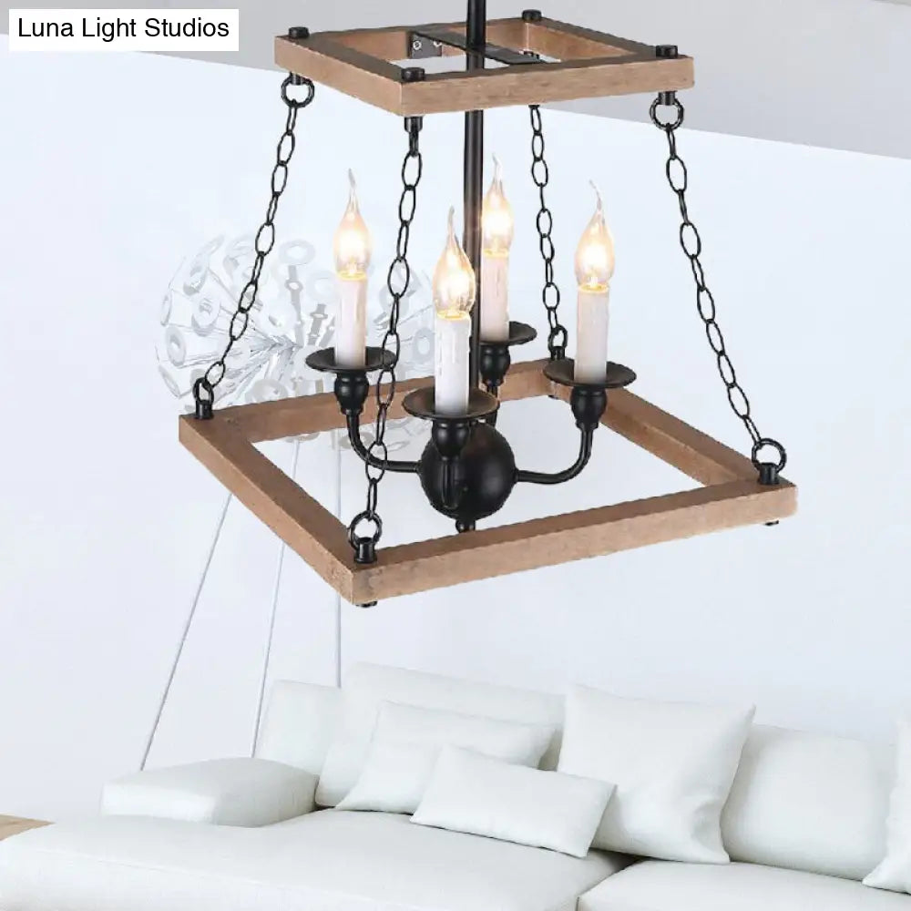 Trapezoid Chandelier Lamp - Brown Farmhouse Style With Flameless Candle Metal & Wood 4-Light Kitchen