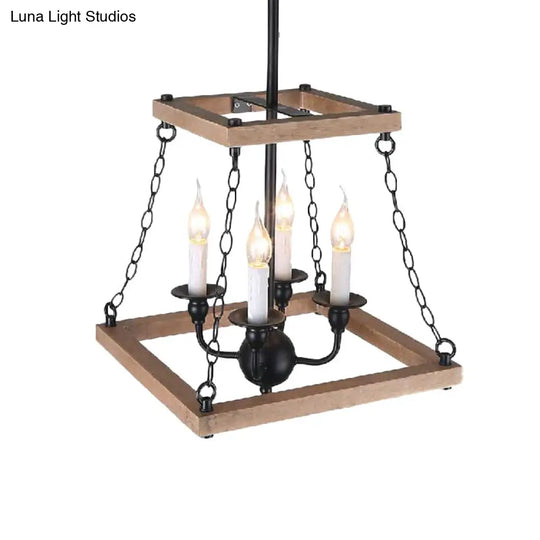 Trapezoid Chandelier Lamp - Brown Farmhouse Style With Flameless Candle Metal & Wood 4-Light Kitchen