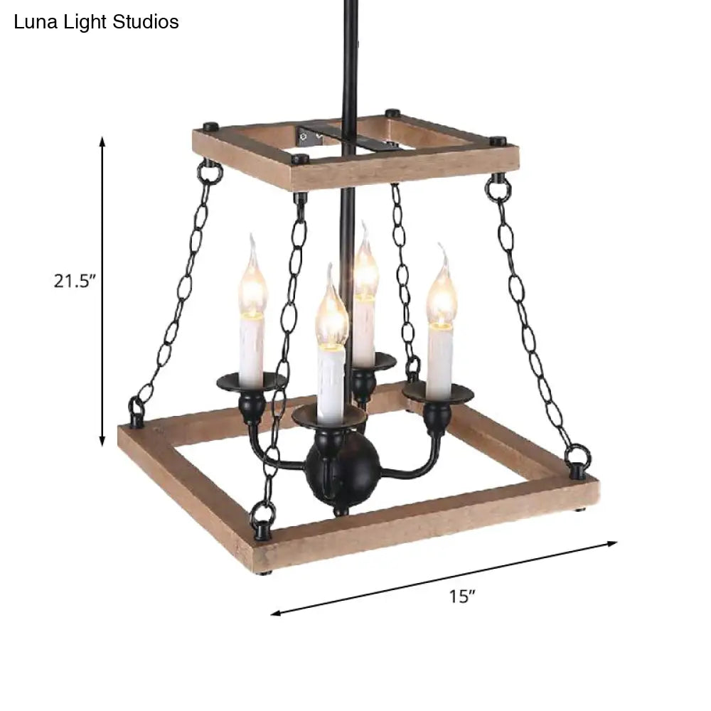 Trapezoid Chandelier Lamp - Brown Farmhouse Style With Flameless Candle Metal & Wood 4-Light Kitchen