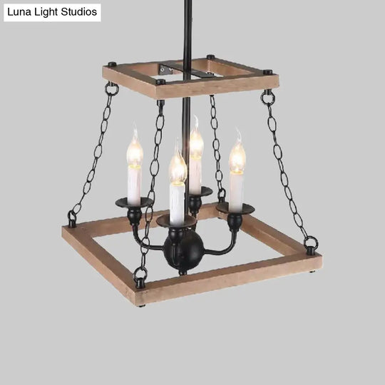 Farmhouse Metal And Wood Trapezoid Chandelier With Flameless Candle - 4-Light Hanging Lamp