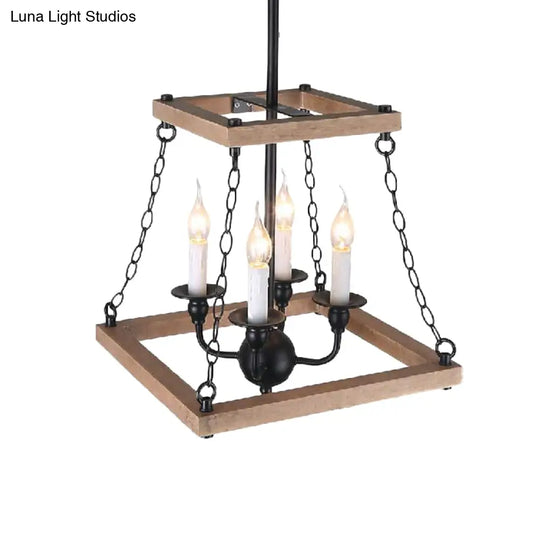 Farmhouse Metal And Wood Trapezoid Chandelier With Flameless Candle - 4-Light Hanging Lamp