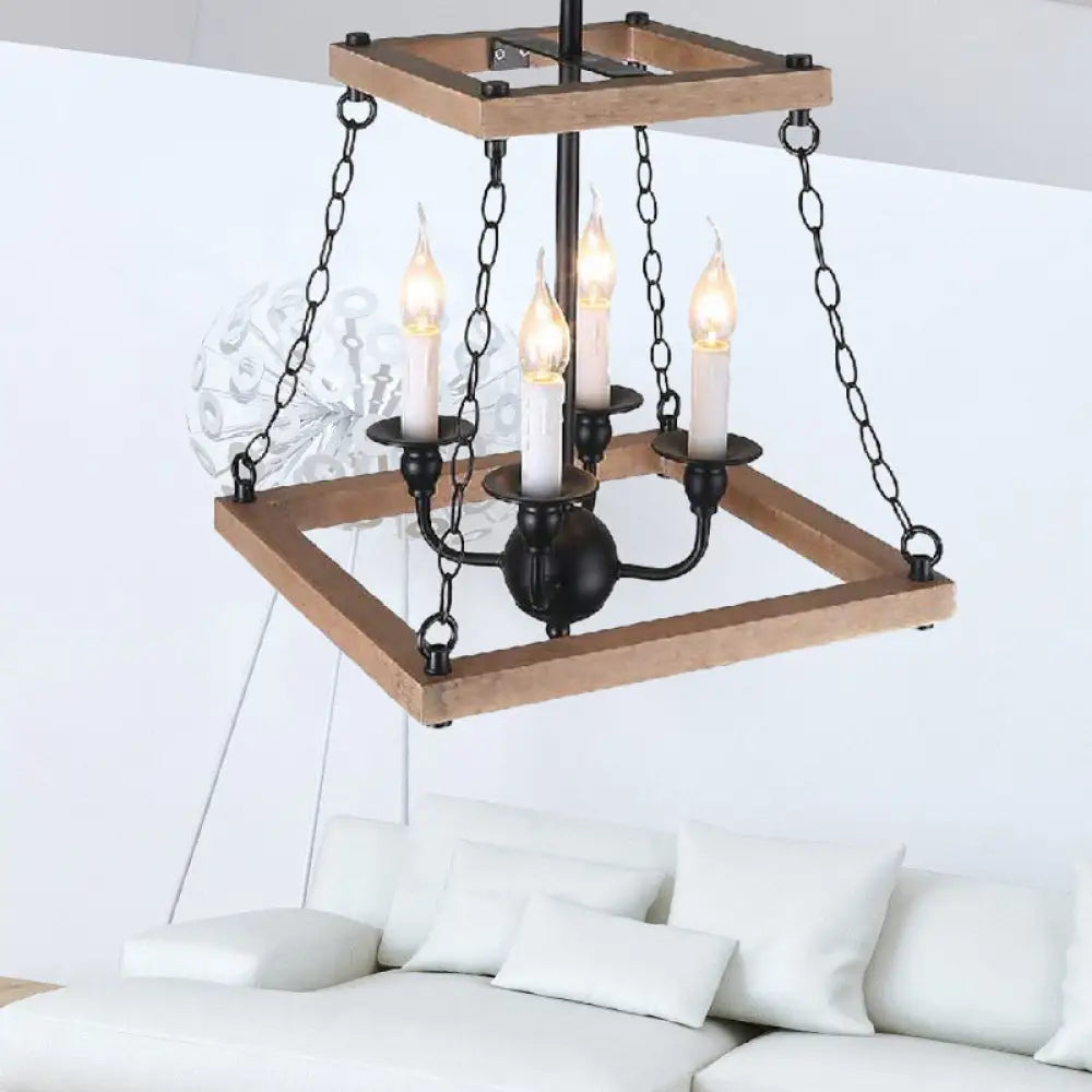 Farmhouse Metal And Wood Trapezoid Chandelier With Flameless Candle - 4-Light Hanging Lamp Brown