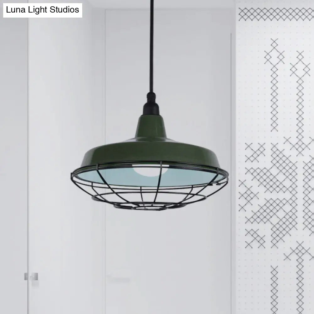 Barn Indoor Hanging Ceiling Light With Wire Guard - Farmhouse Metal Pendant (Green/Red) Green