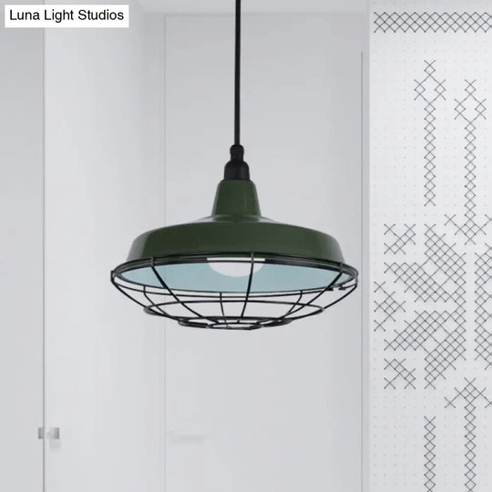 Barn Indoor Hanging Ceiling Light With Wire Guard - Farmhouse Metal Pendant (Green/Red) Green