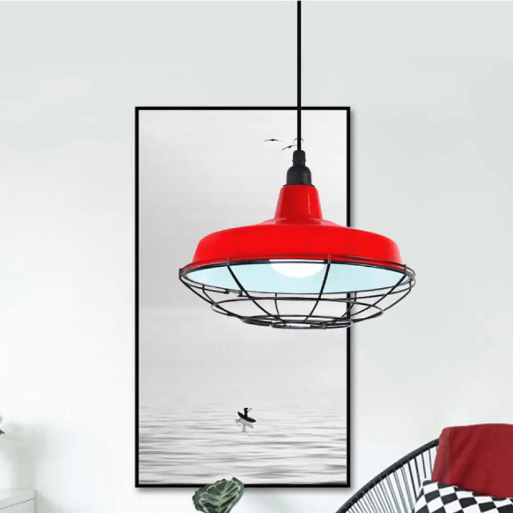 Farmhouse Metal Barn Hanging Ceiling Light - Green/Red Pendant With Wire Guard Red