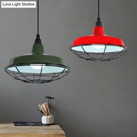 Barn Indoor Hanging Ceiling Light With Wire Guard - Farmhouse Metal Pendant (Green/Red)