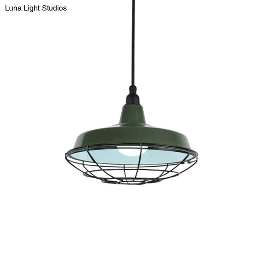 Barn Indoor Hanging Ceiling Light With Wire Guard - Farmhouse Metal Pendant (Green/Red)