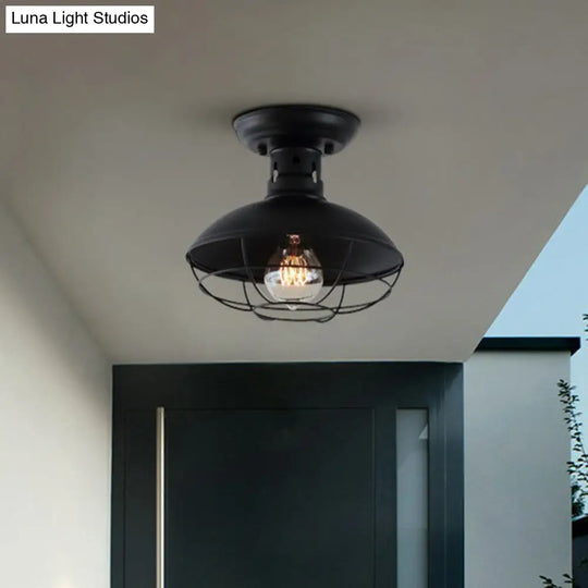 Farmhouse Metal Bowl Ceiling Lamp With Cage In Black - Semi Flush Mount