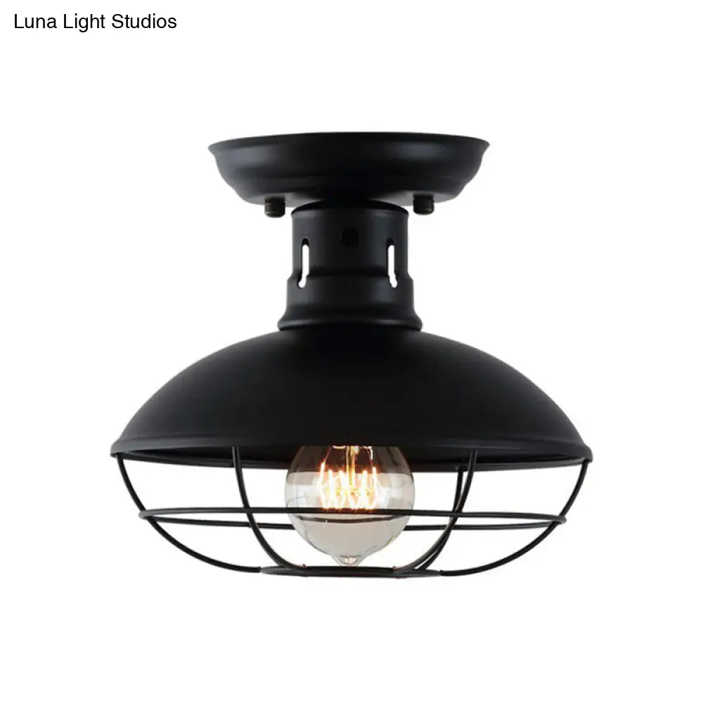 Farmhouse Metal Bowl Ceiling Lamp With Cage In Black - Semi Flush Mount