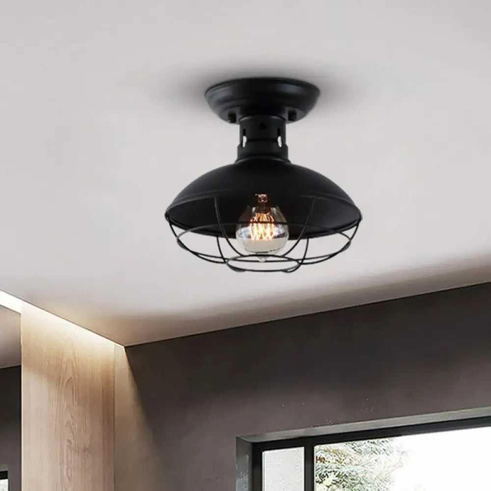 Farmhouse Metal Bowl Ceiling Lamp With Cage In Black - Semi Flush Mount