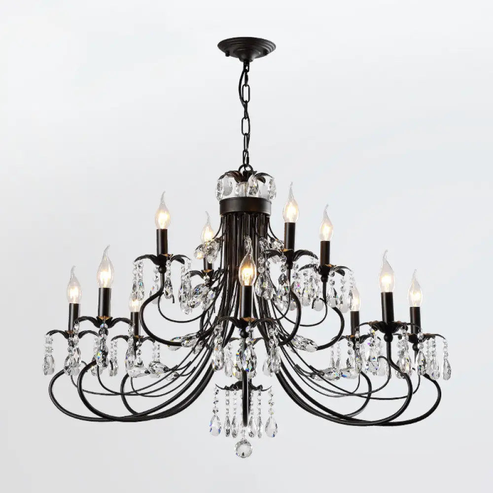 Farmhouse Metal Chandelier: Black Curved Design With Crystal Pendant Lighting And Candle-Inspired