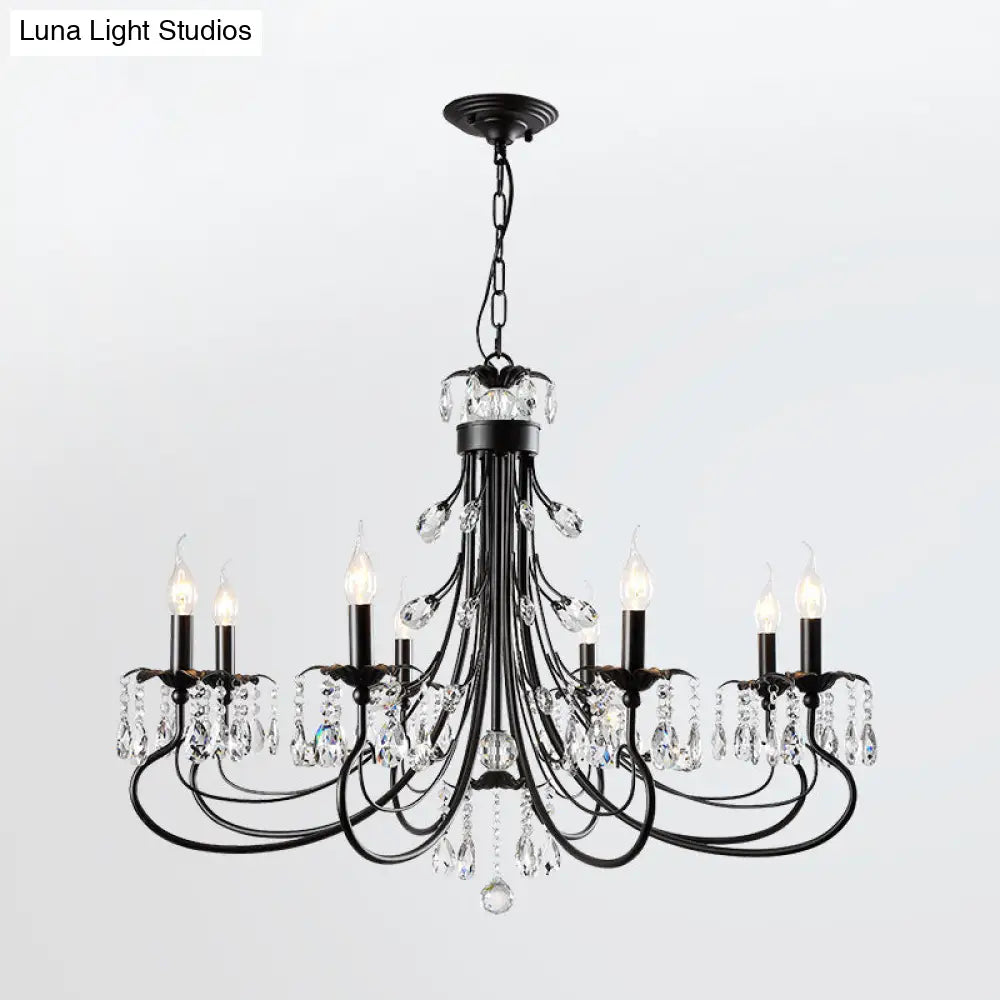 Farmhouse Metal Chandelier: Black Curved Design With Crystal Pendant Lighting And Candle-Inspired