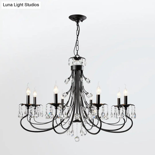 Farmhouse Metal Chandelier: Black Curved Design With Crystal Pendant Lighting And Candle-Inspired