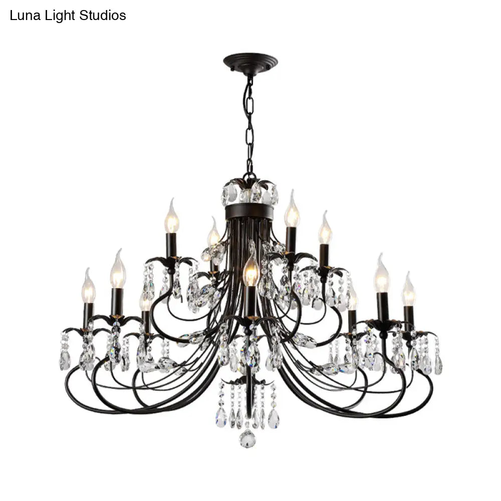 Farmhouse Metal Chandelier: Black Curved Design With Crystal Pendant Lighting And Candle-Inspired