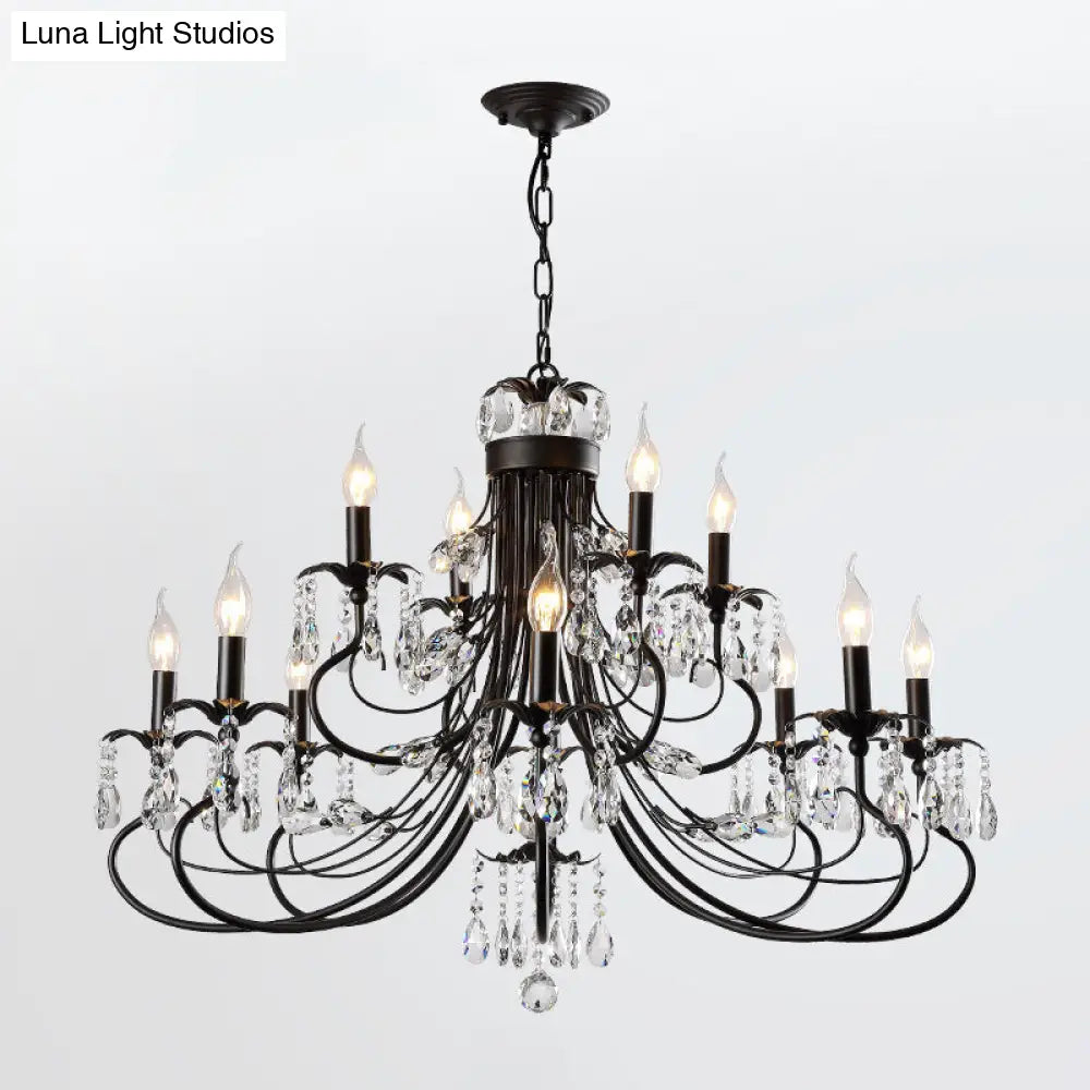 Farmhouse Metal Chandelier: Black Curved Design With Crystal Pendant Lighting And Candle-Inspired