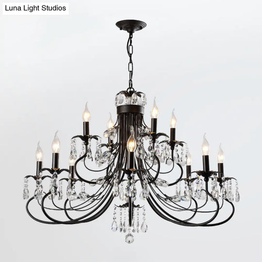 Farmhouse Metal Chandelier: Black Curved Design With Crystal Pendant Lighting And Candle-Inspired