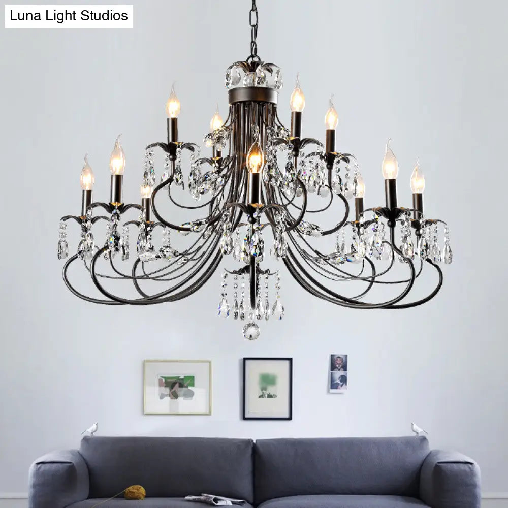 Farmhouse Metal Chandelier: Black Curved Design With Crystal Pendant Lighting And Candle-Inspired