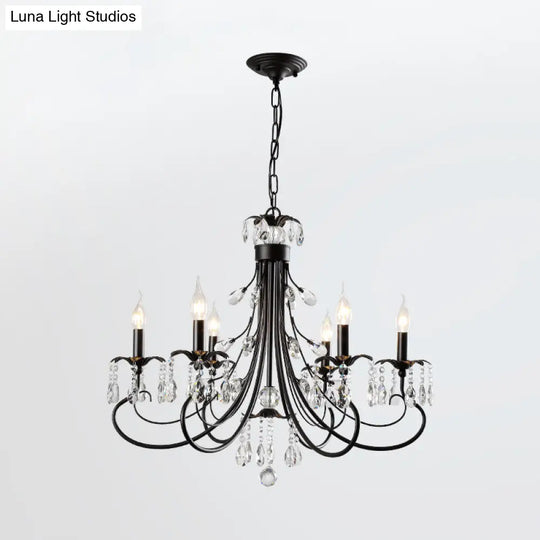 Farmhouse Metal Chandelier: Black Curved Design With Crystal Pendant Lighting And Candle-Inspired