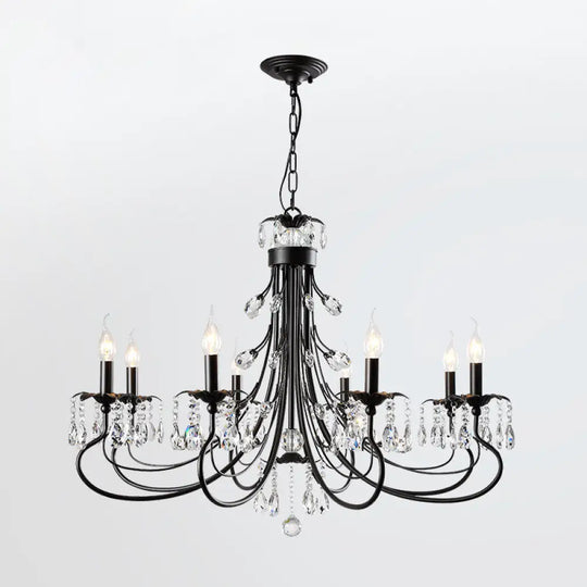 Farmhouse Metal Chandelier: Black Curved Design With Crystal Pendant Lighting And Candle-Inspired